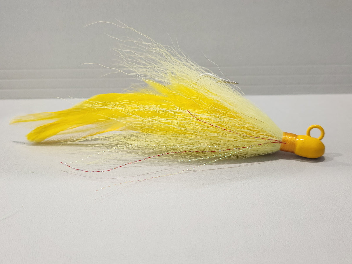 yellow custom bucktail on bullet jig