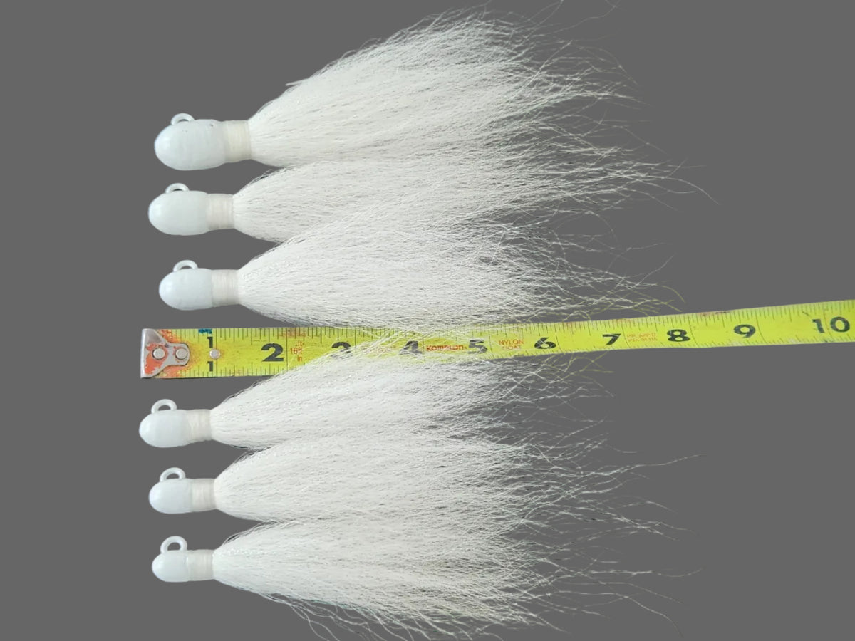 White bucktail jig with extra long hair.