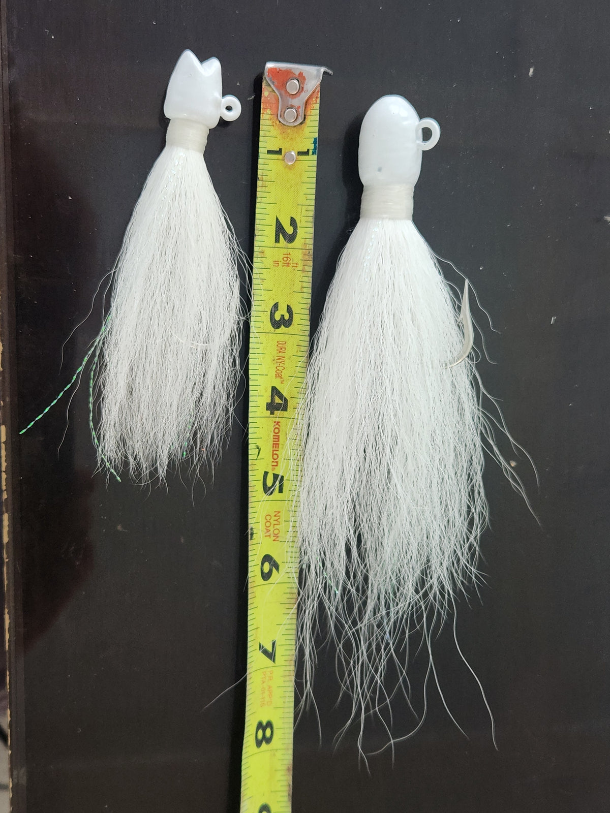 White bucktail jig with extra long hair.