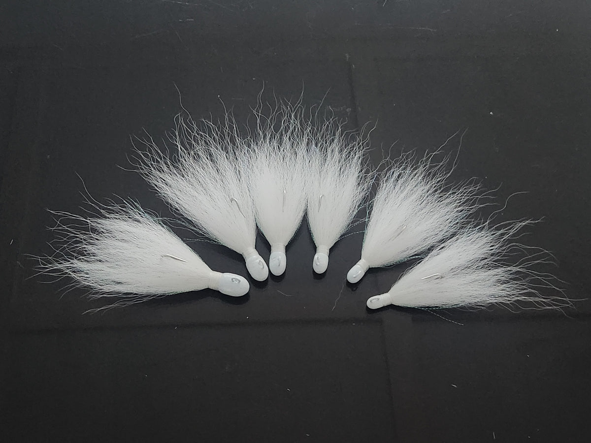 White bucktail jig with extra long hair.